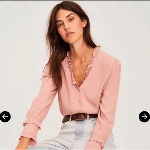 ba&sh Ruffle V-Neck Blouse in Blush Pink